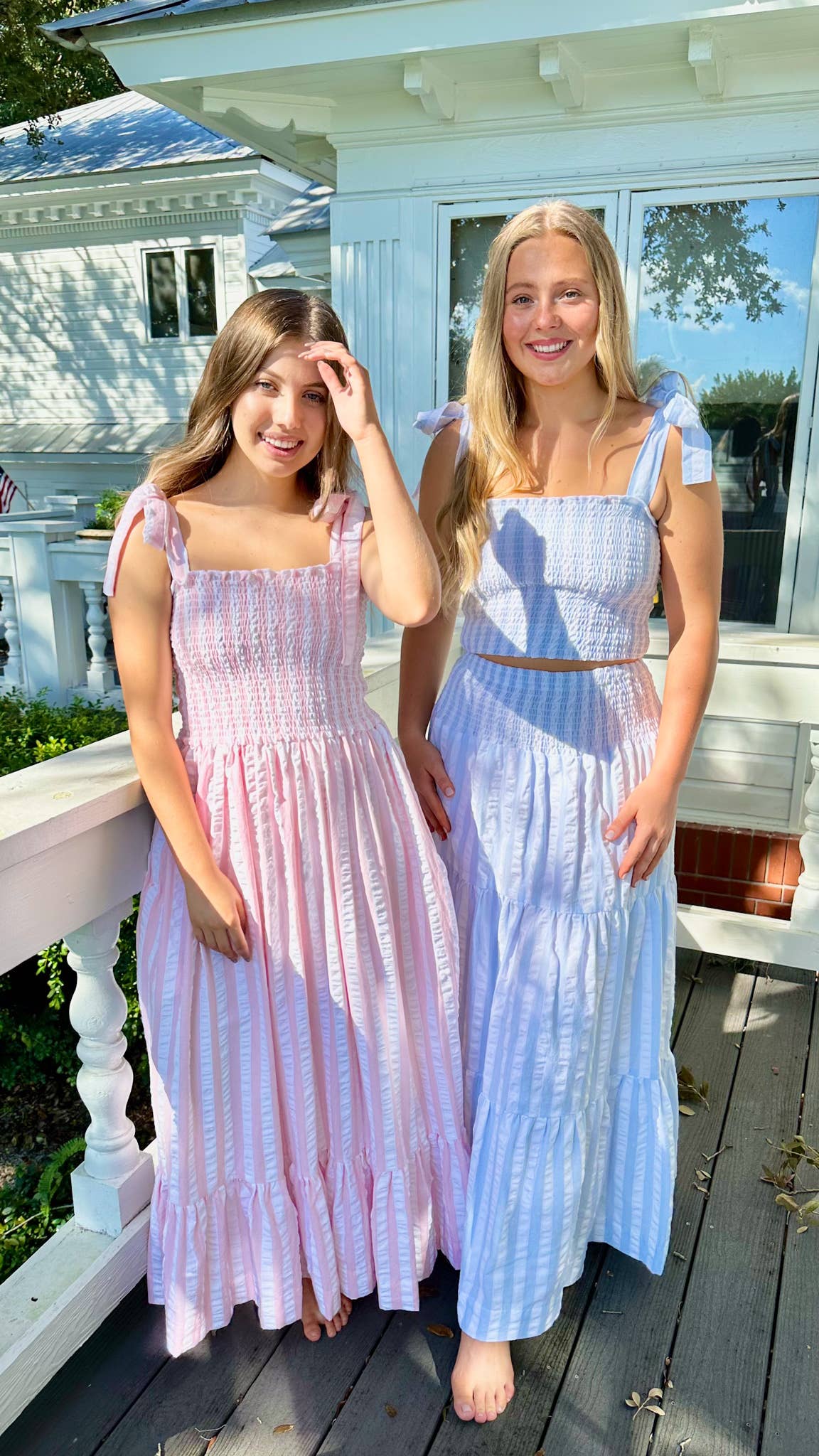 Pink & White Seersucker Tie Top Smocked Dress