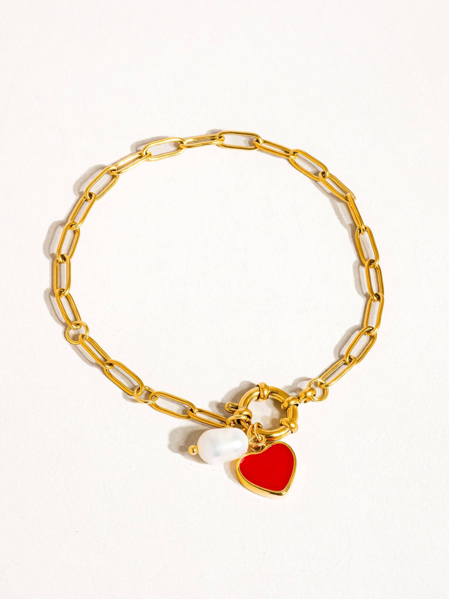 Lovestruck Heart & Pearl Charm Paperclip Link Bracelet