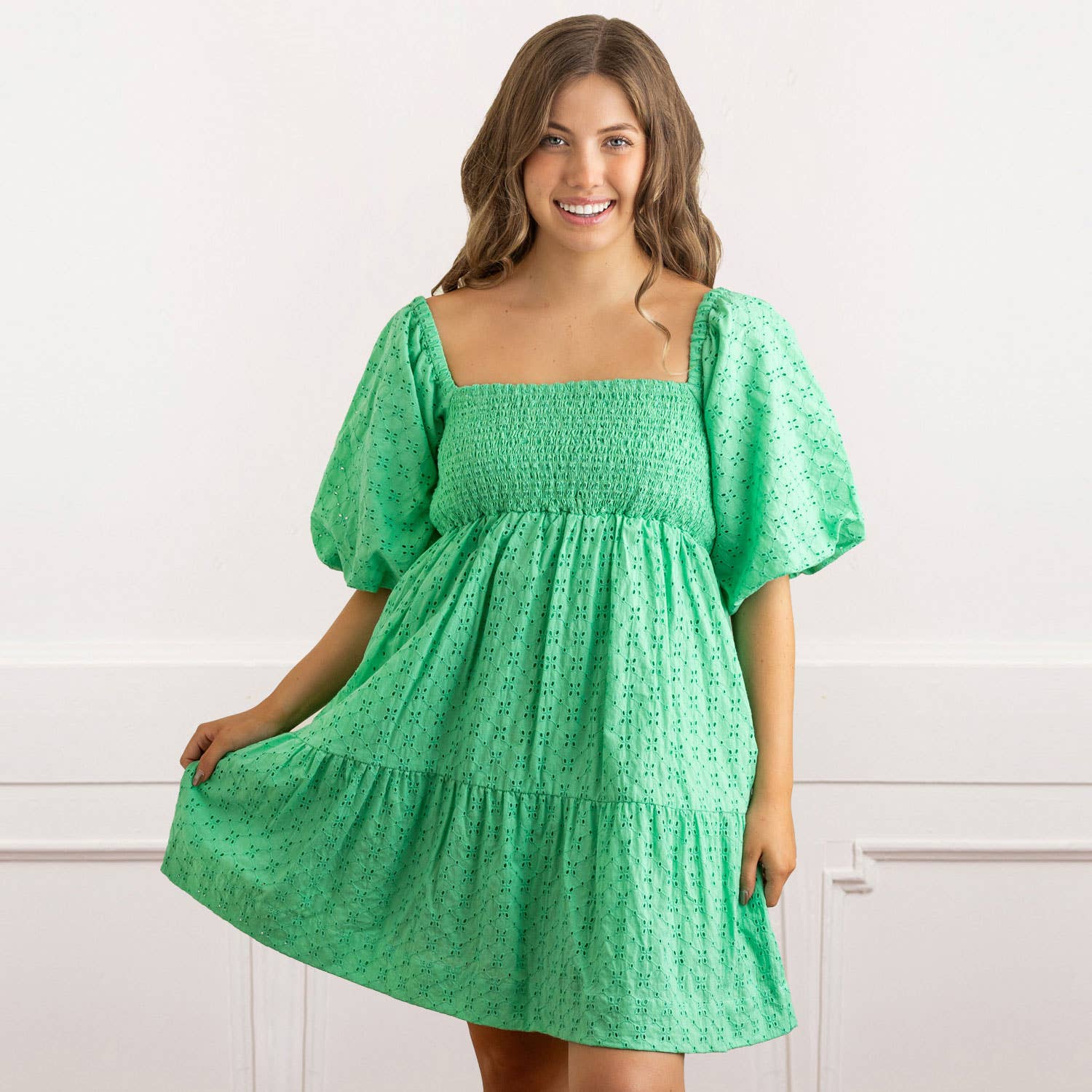 Puff Sleeve Smocked Dress Green Eyelet / L Puff Sleeve Smocked Dress Green Eyelet / L