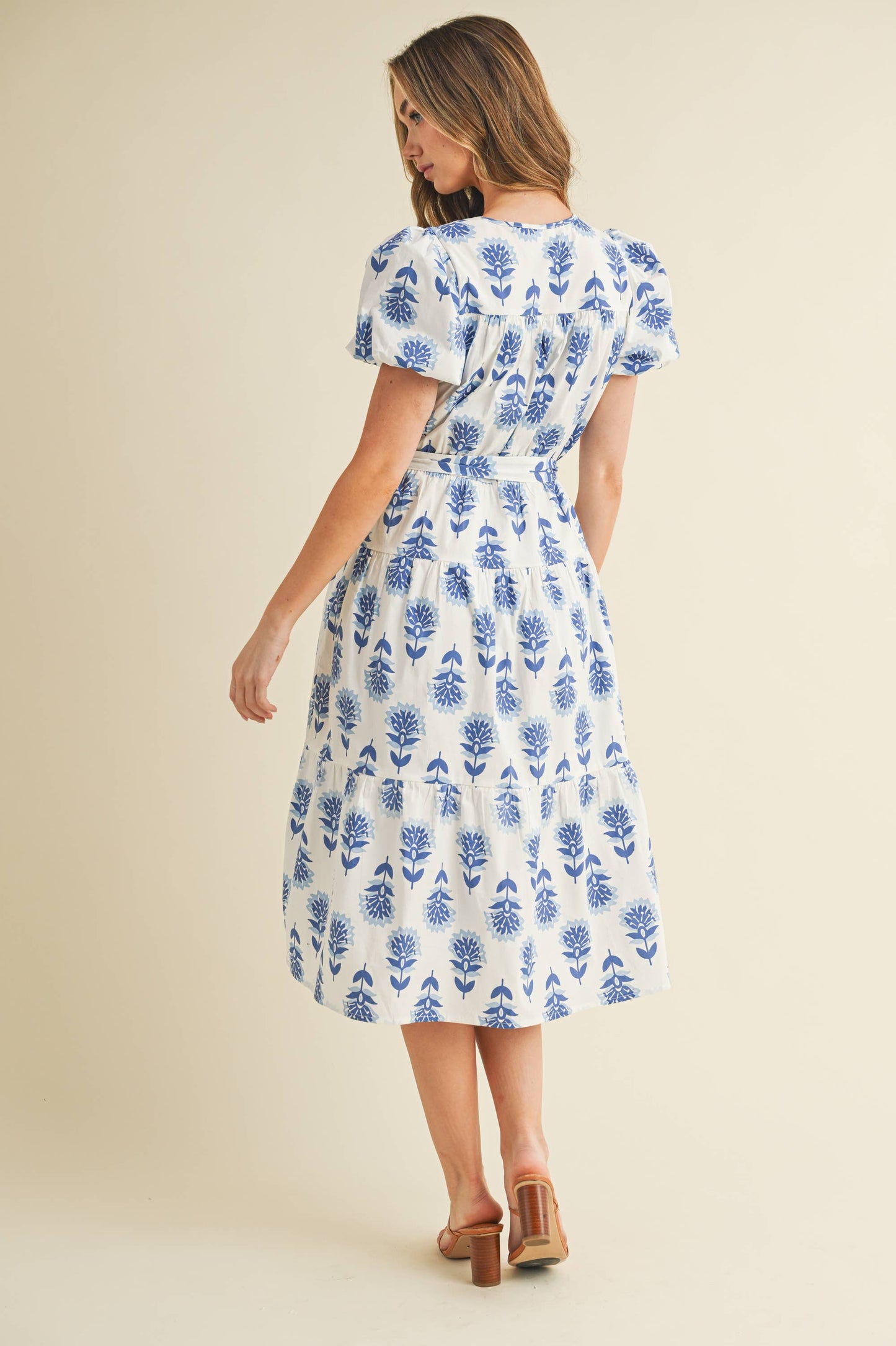 Floral Block Print Puff Sleeves Tiered Dress