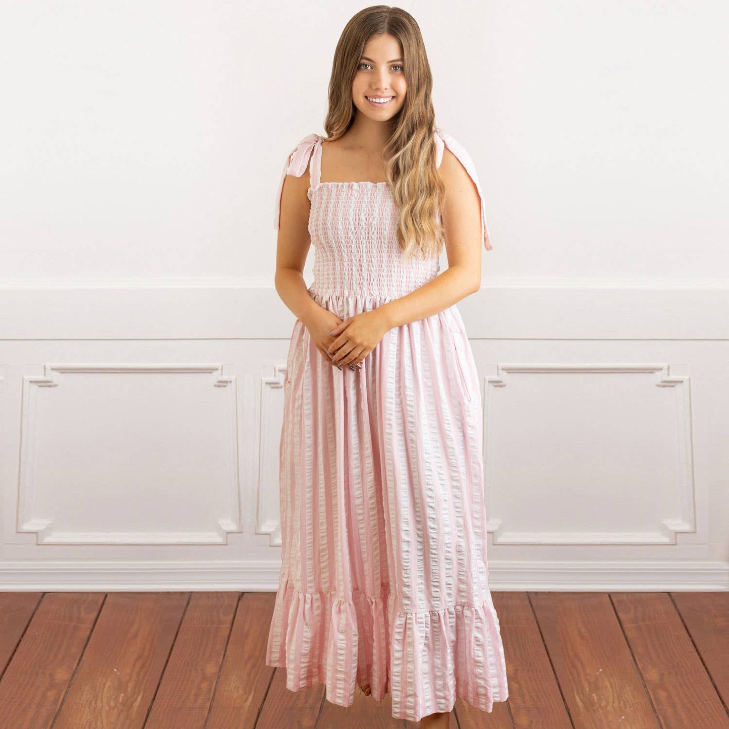 Pink & White Seersucker Tie Top Smocked Dress