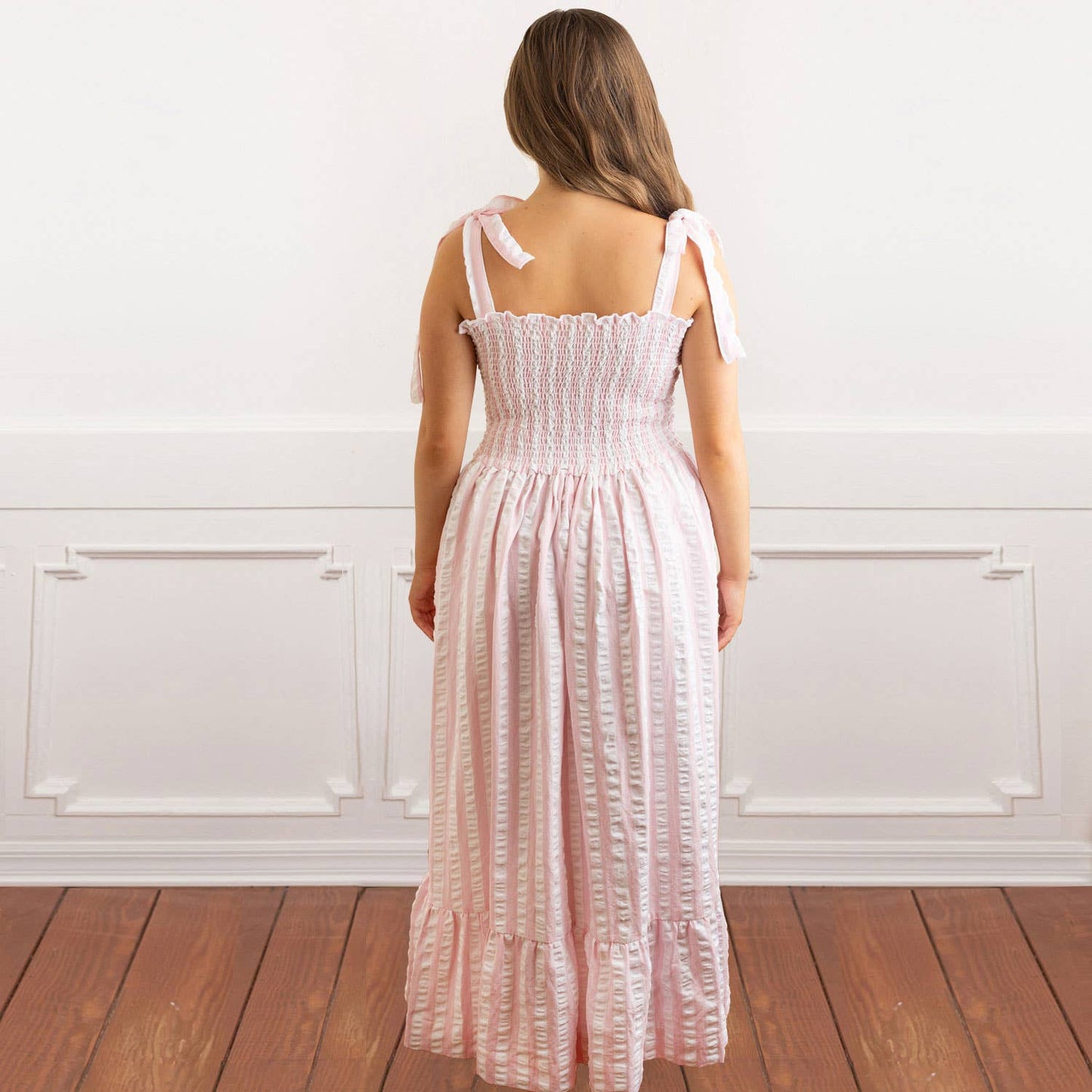 Pink & White Seersucker Tie Top Smocked Dress