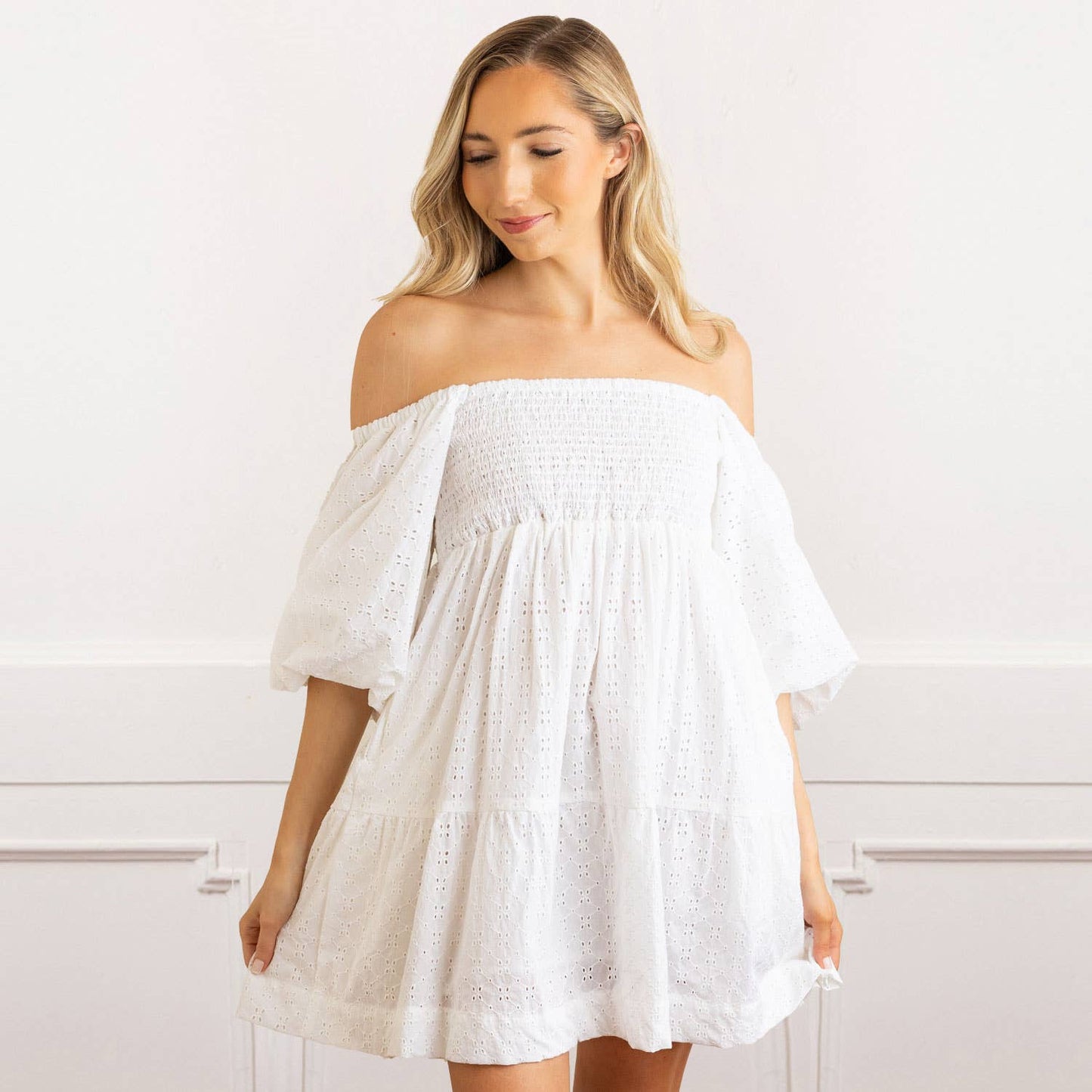 Esmeralda White Eyelet Smocked Dress