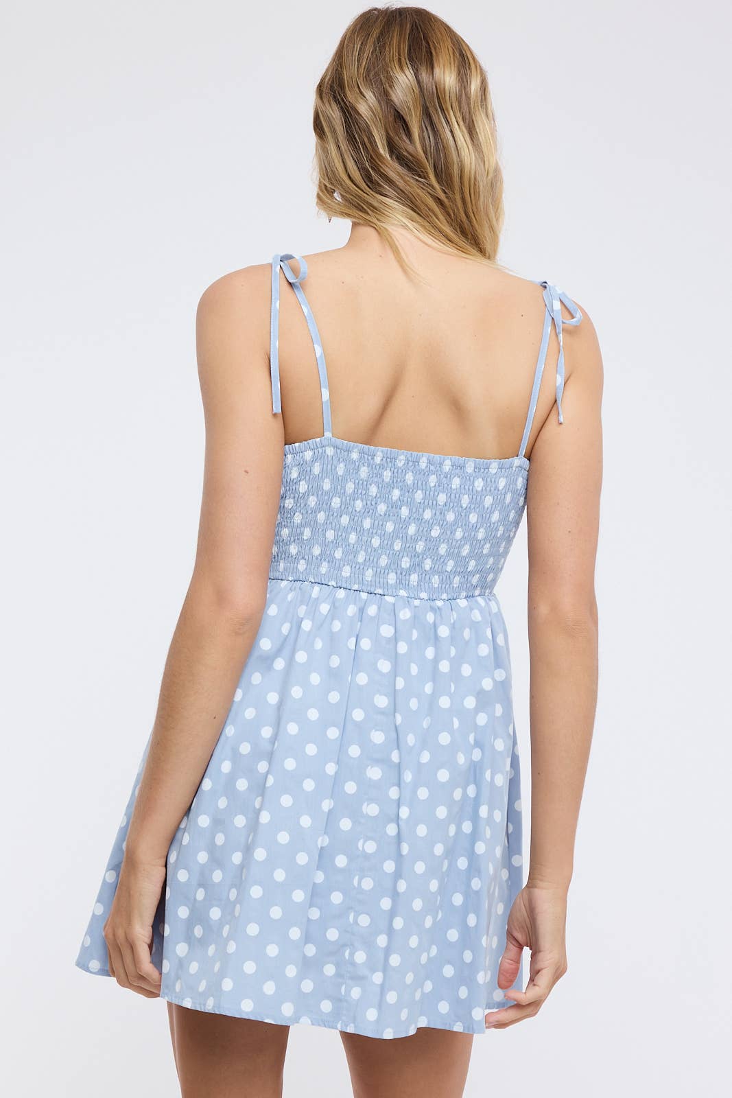 Blue and White Pleated Polka Dot Mini Dress