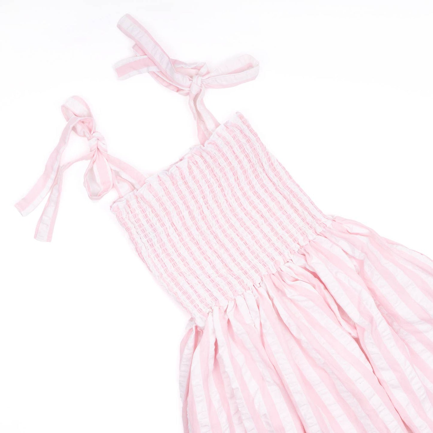 Pink & White Seersucker Tie Top Smocked Dress