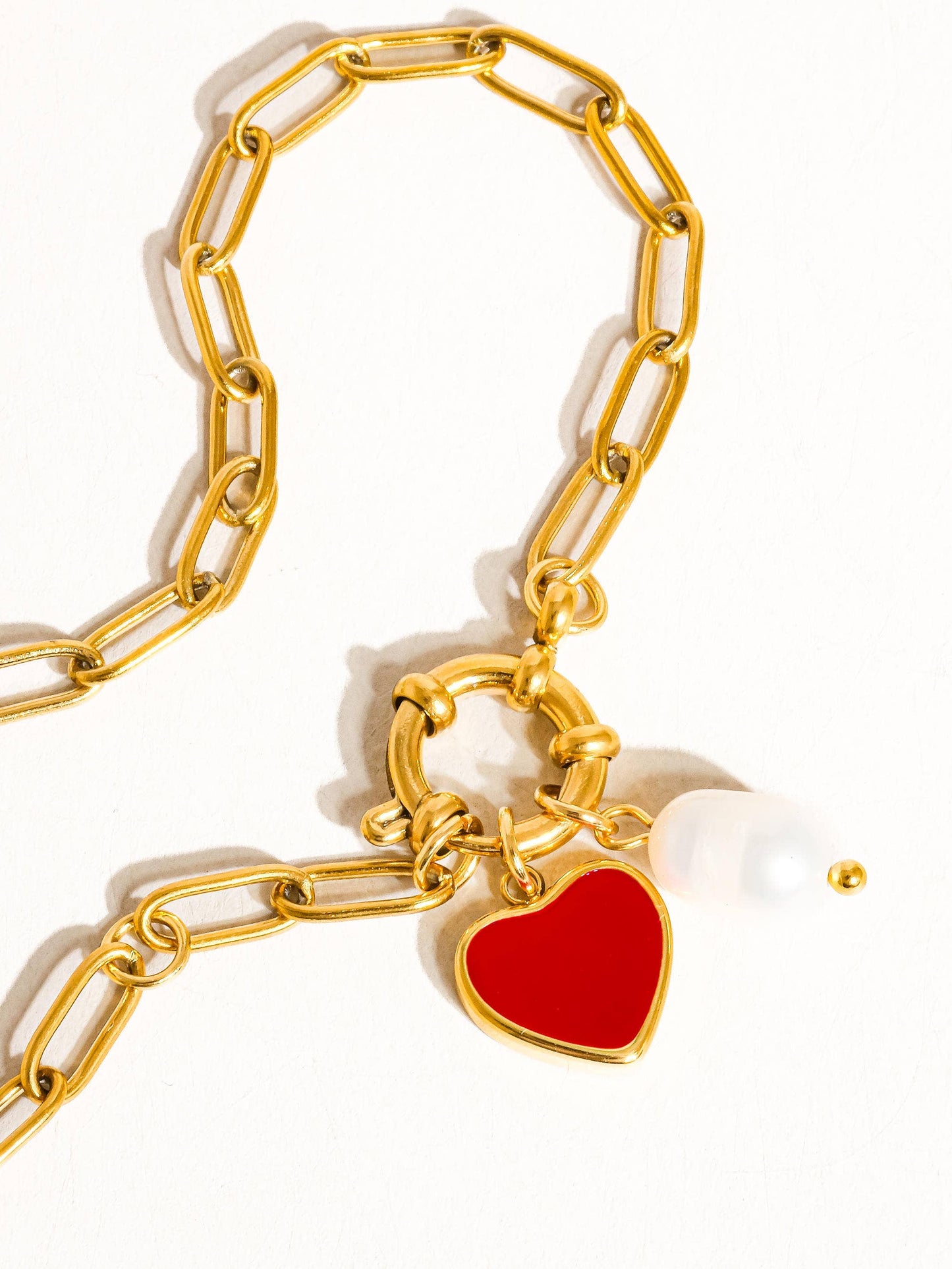 Lovestruck Heart & Pearl Charm Paperclip Link Bracelet