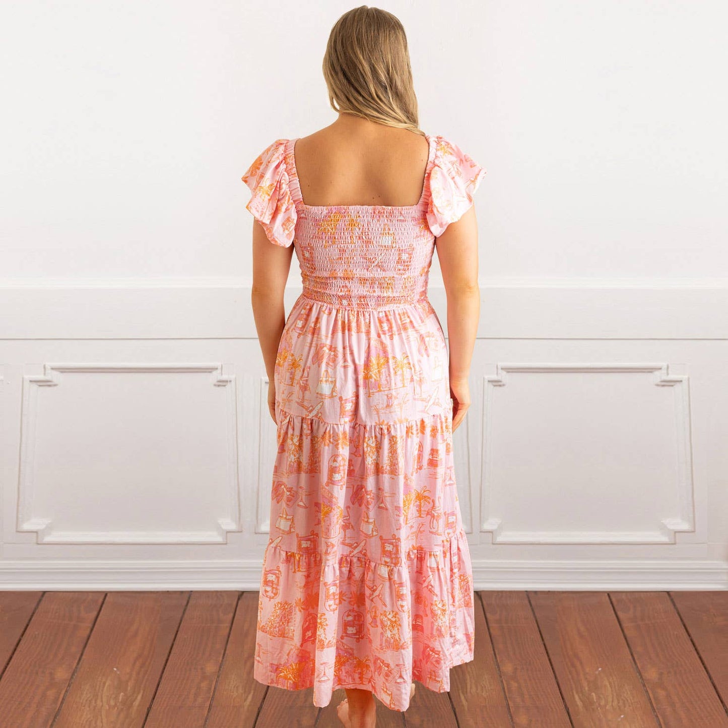 Sunset Toile Smocked Flutter Sleeve Dress