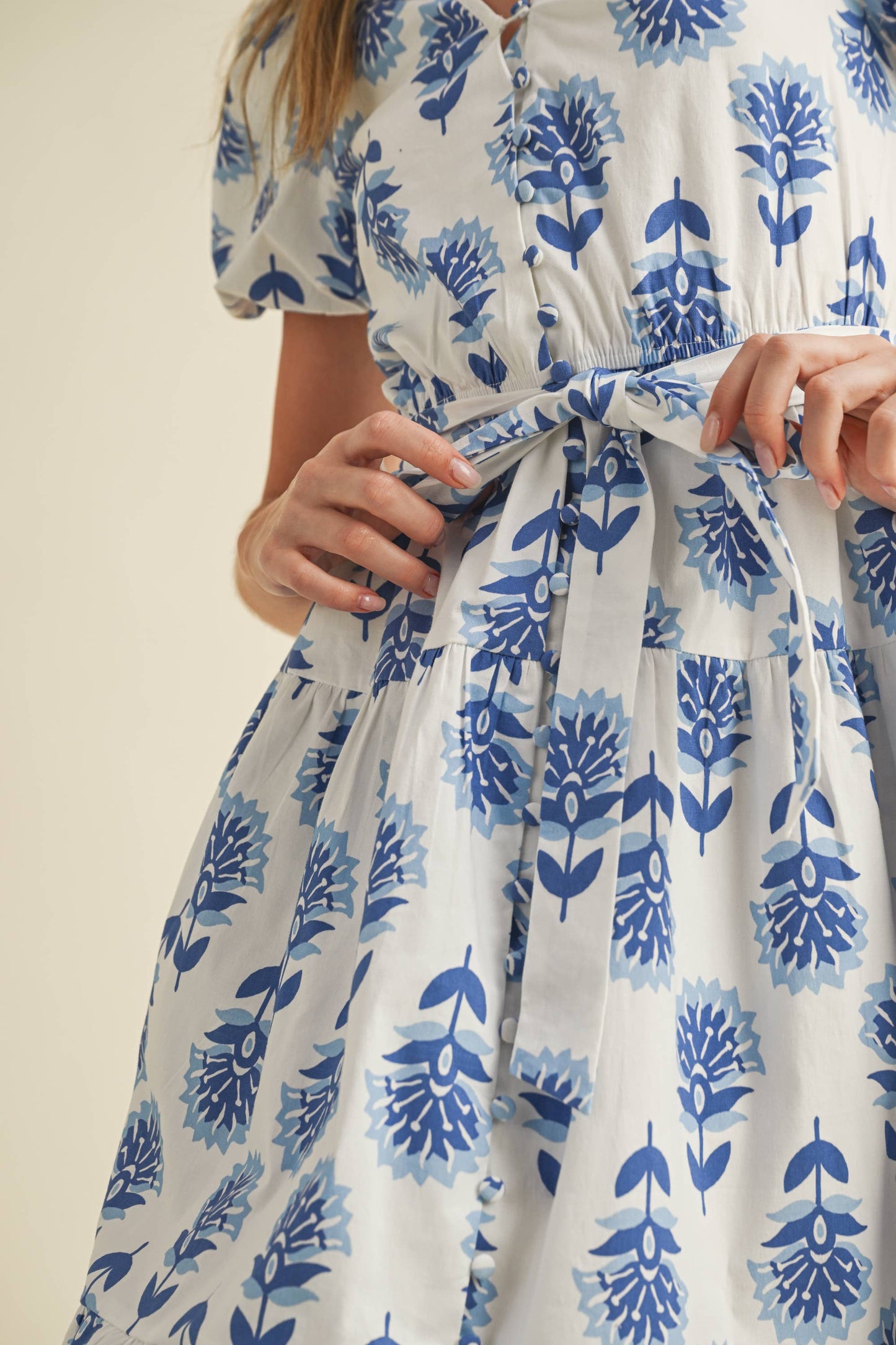 Floral Block Print Puff Sleeves Tiered Dress