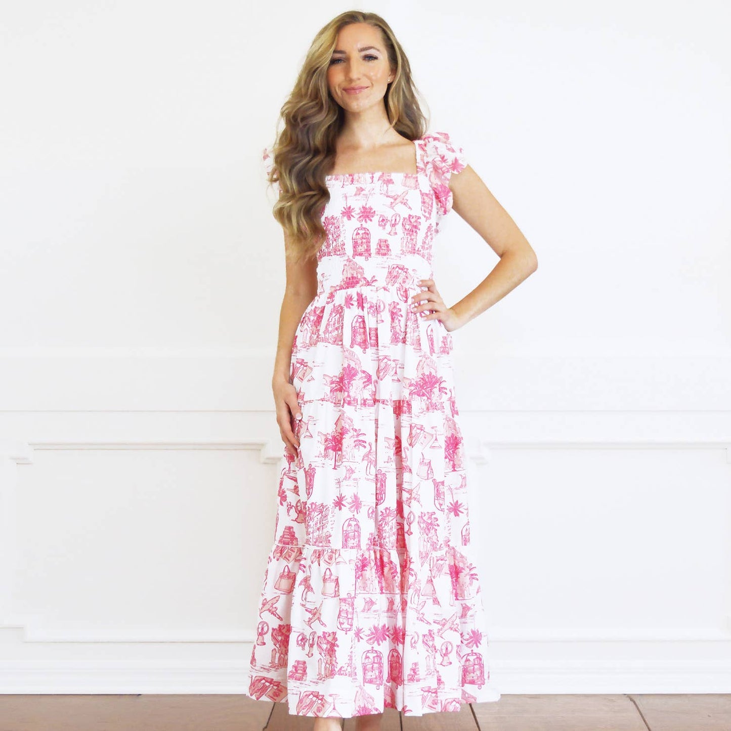 Pink Palm Beach Smocked Flutter Sleeve Dress