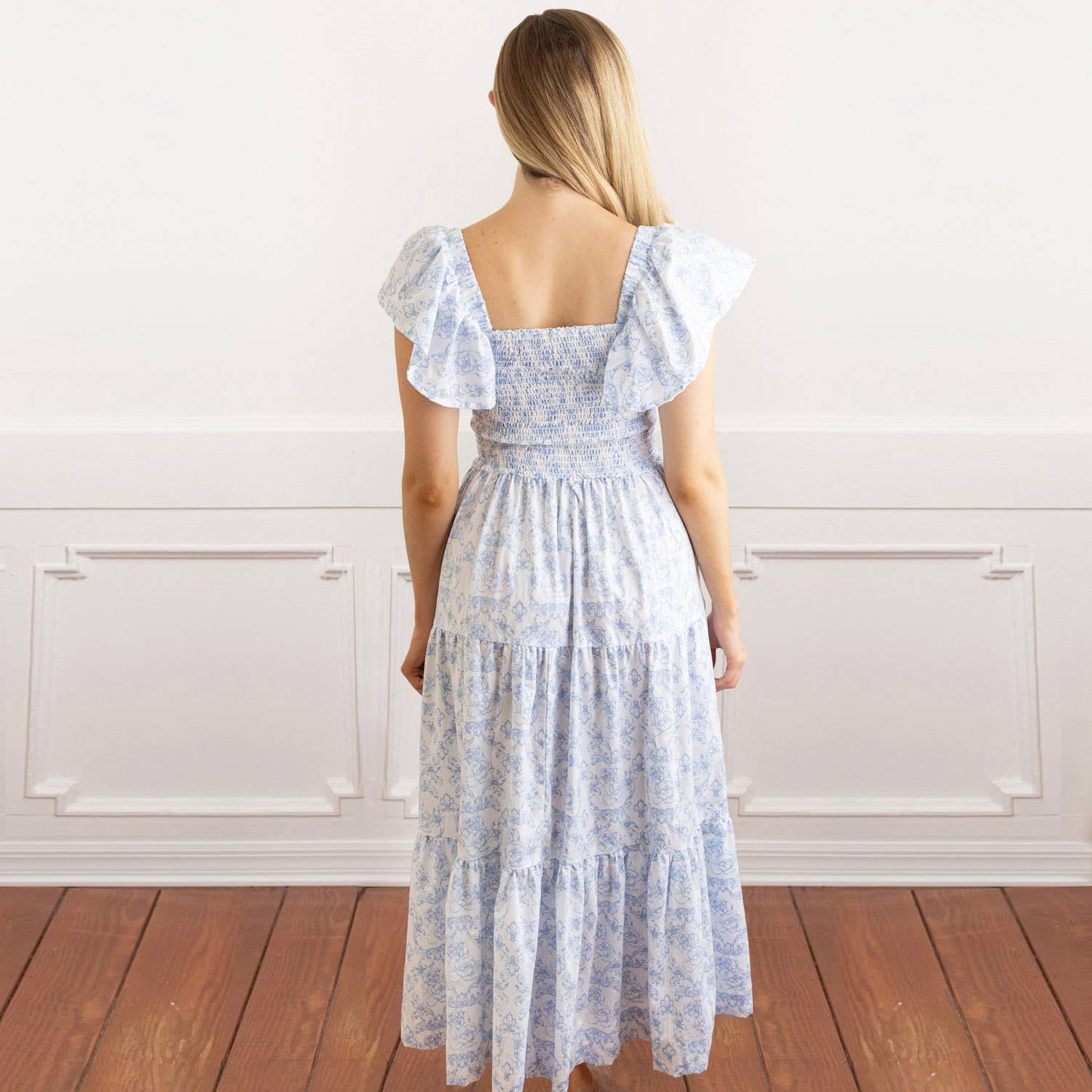 Delicate Blue Rose Smocked Flutter Sleeve Dress