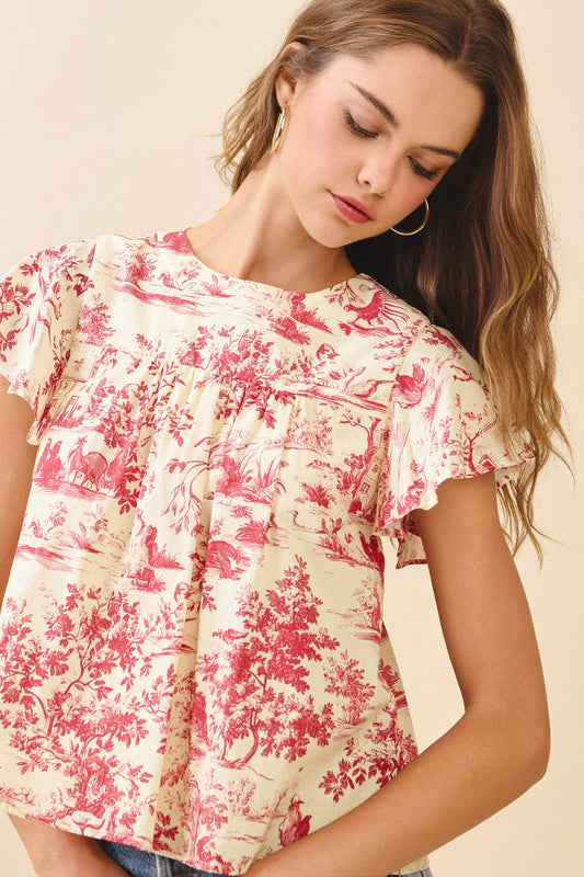 Kayley Red Toile Gathered Front Top