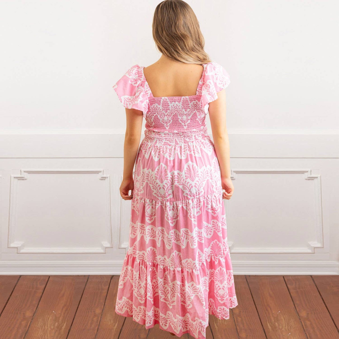 Modern Pink Smocked Flutter Sleeve Dress