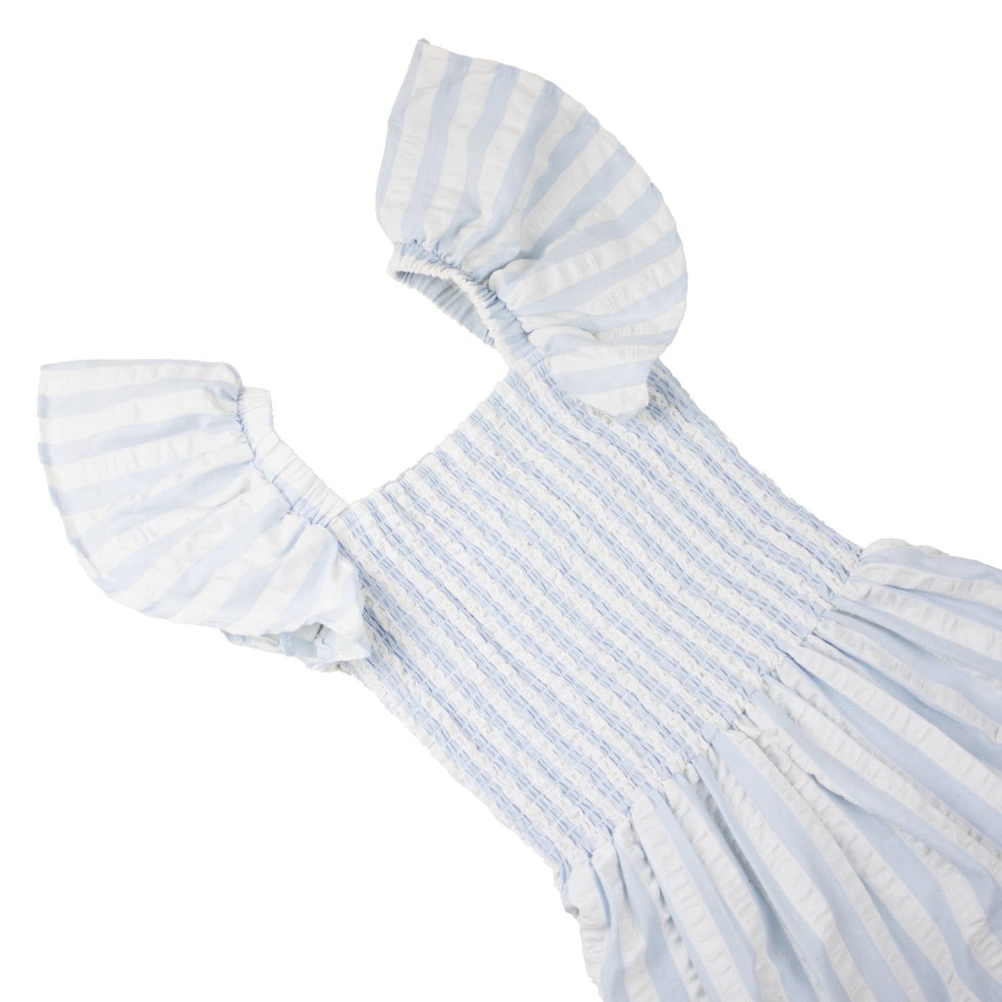 Blue & White Textured Stripe Smocked Flutter Sleeve Dress