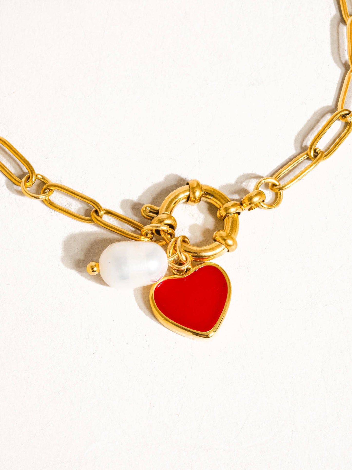 Lovestruck Heart & Pearl Charm Paperclip Link Bracelet