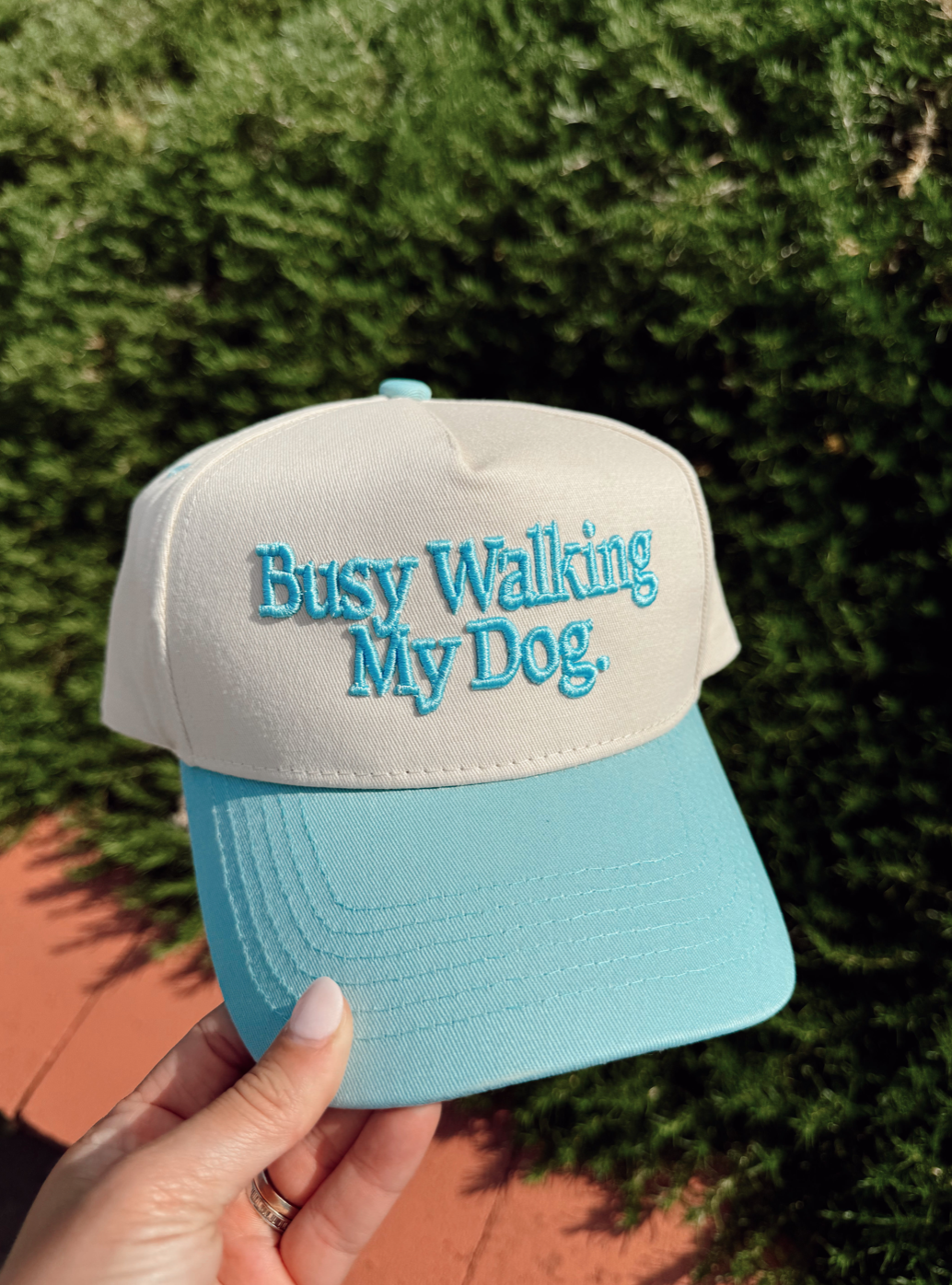 Busy Walking My Dog. Vintage Trucker Hat: Baby Blue