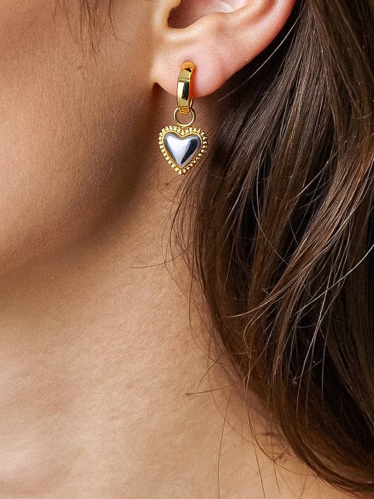 Crazy In Love Mixed Metals Heart Charm Huggie Hoop Earrings