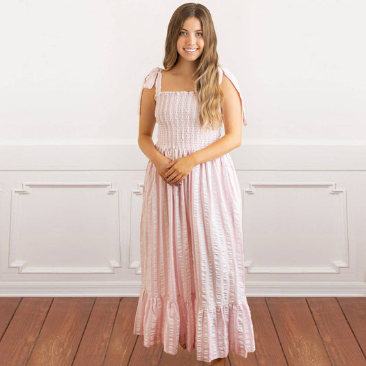 Pink & White Seersucker Tie Top Smocked Dress