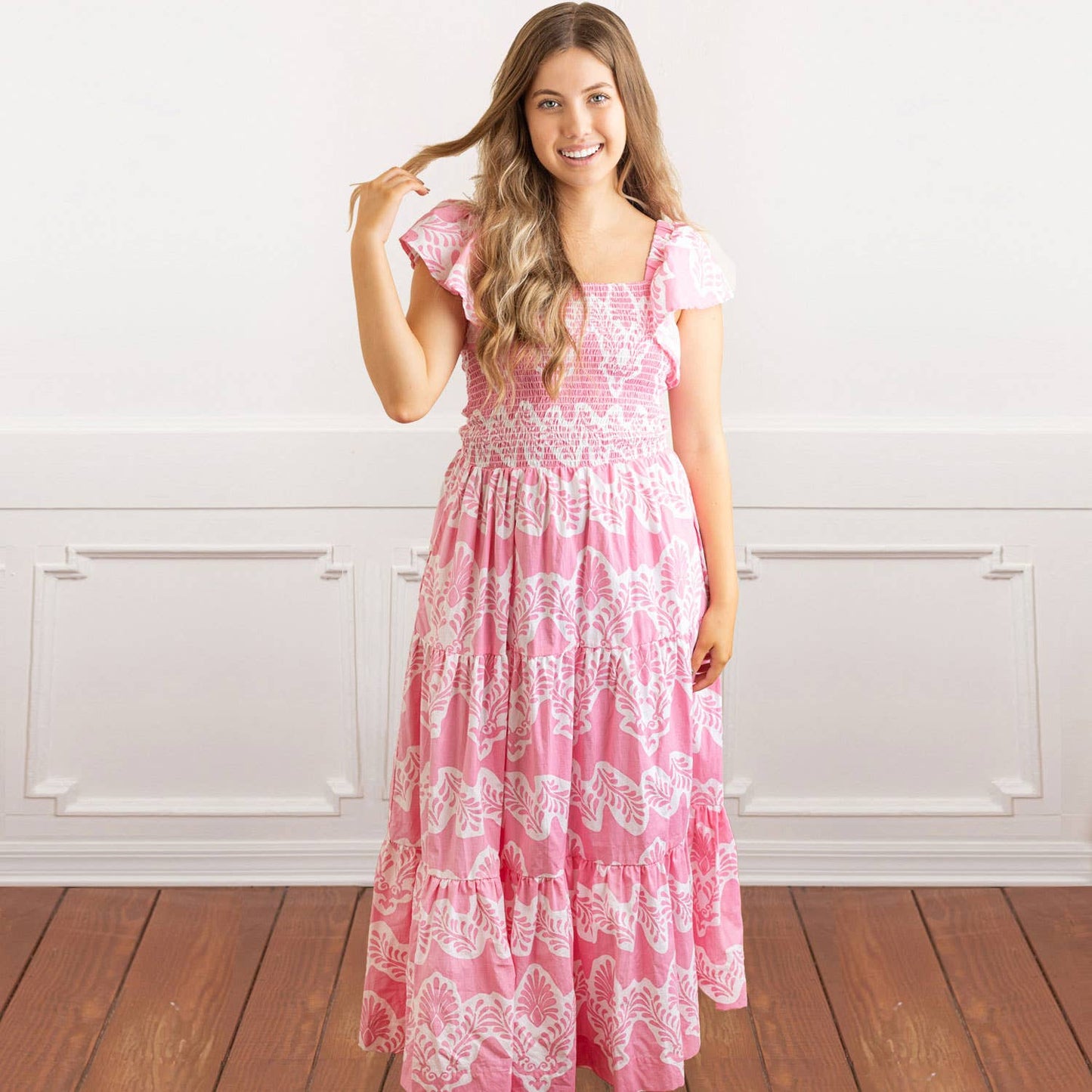 Modern Pink Smocked Flutter Sleeve Dress