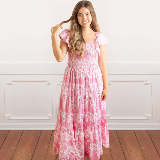 Modern Pink Smocked Flutter Sleeve Dress