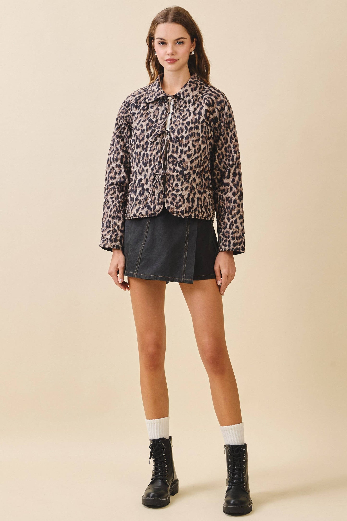 Quilted Tie Front Leopard Print Jacket