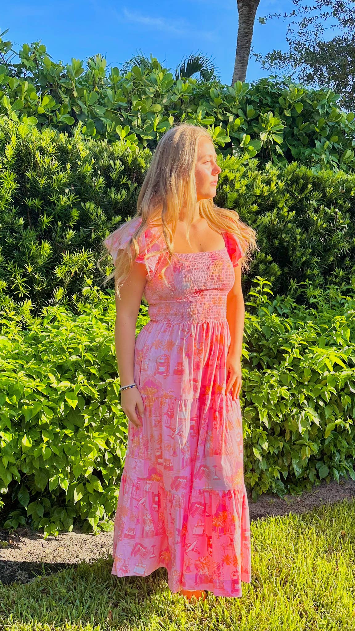 Sunset Toile Smocked Flutter Sleeve Dress