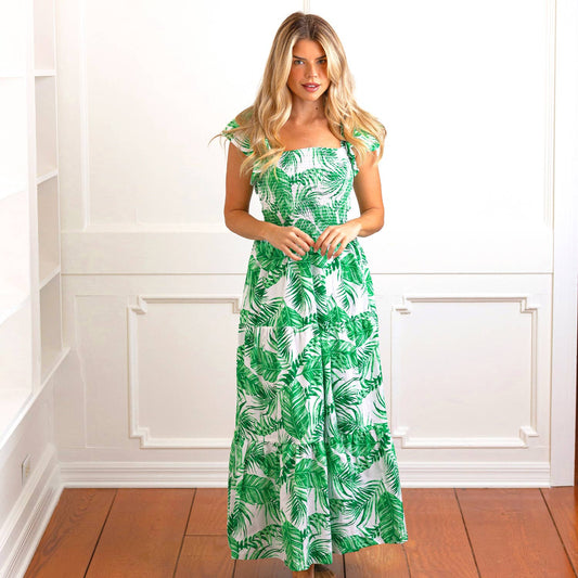 The Tropics Smocked Flutter Sleeve Dress