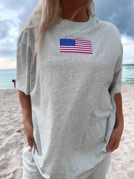 Pearl Grey American Flag Embroider Tee
