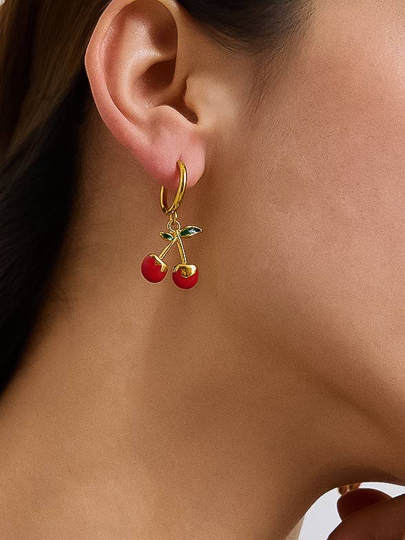Vintage Cherry Huggie Hoop Earrings