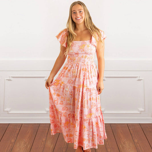 Sunset Toile Smocked Flutter Sleeve Dress