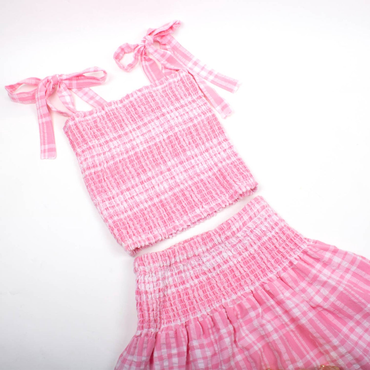 Pucker Pink Smocked Tie Top & Skirt Set