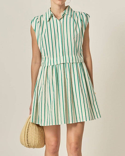 Striped Pleated Shoulder Shirt Mini Dress