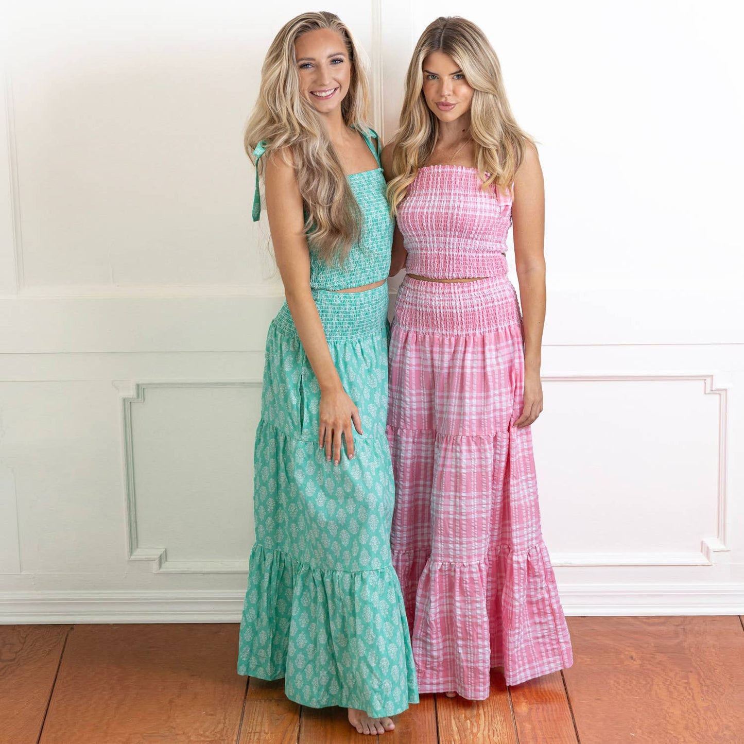 Green Block Print Smocked Tie Top & Skirt Set