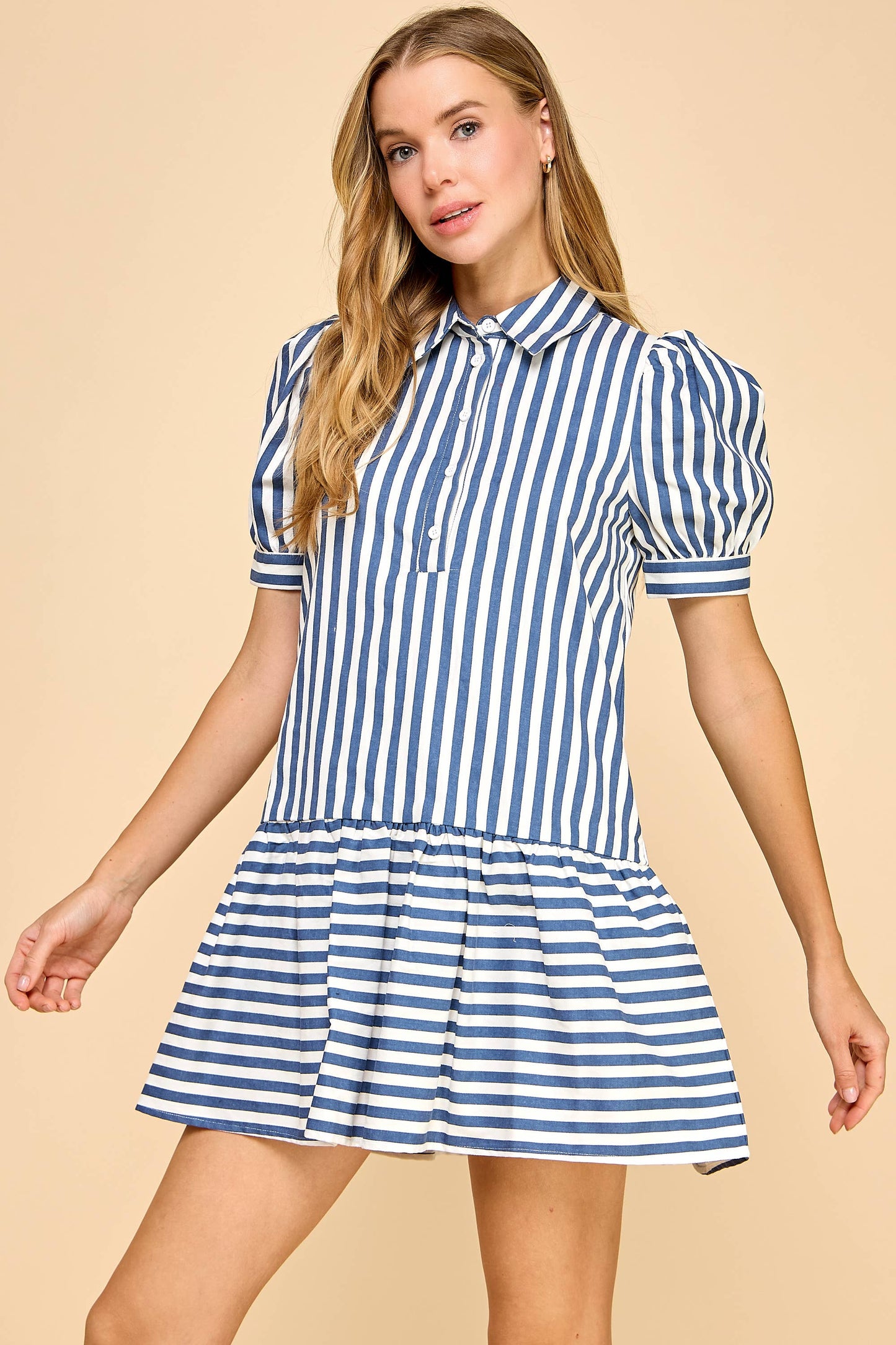 Marit Striped Short Puff Sleeve Drop Waist Shirt Dress