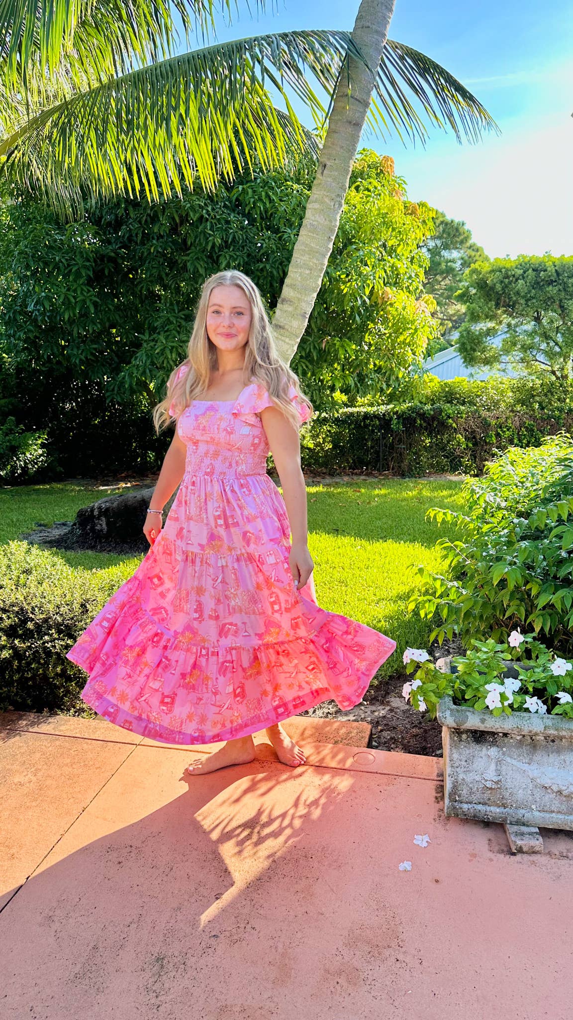 Sunset Toile Smocked Flutter Sleeve Dress