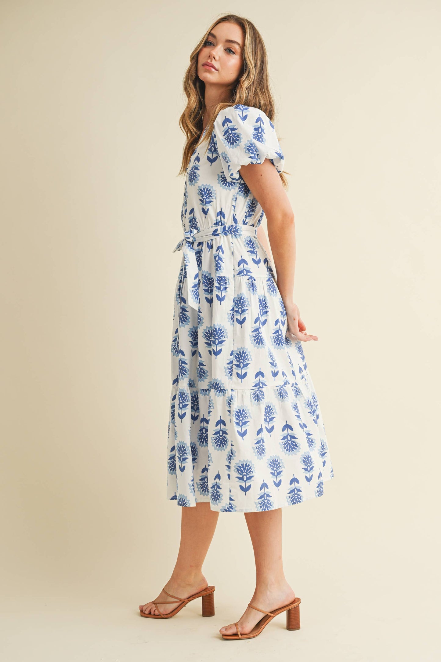 Floral Block Print Puff Sleeves Tiered Dress