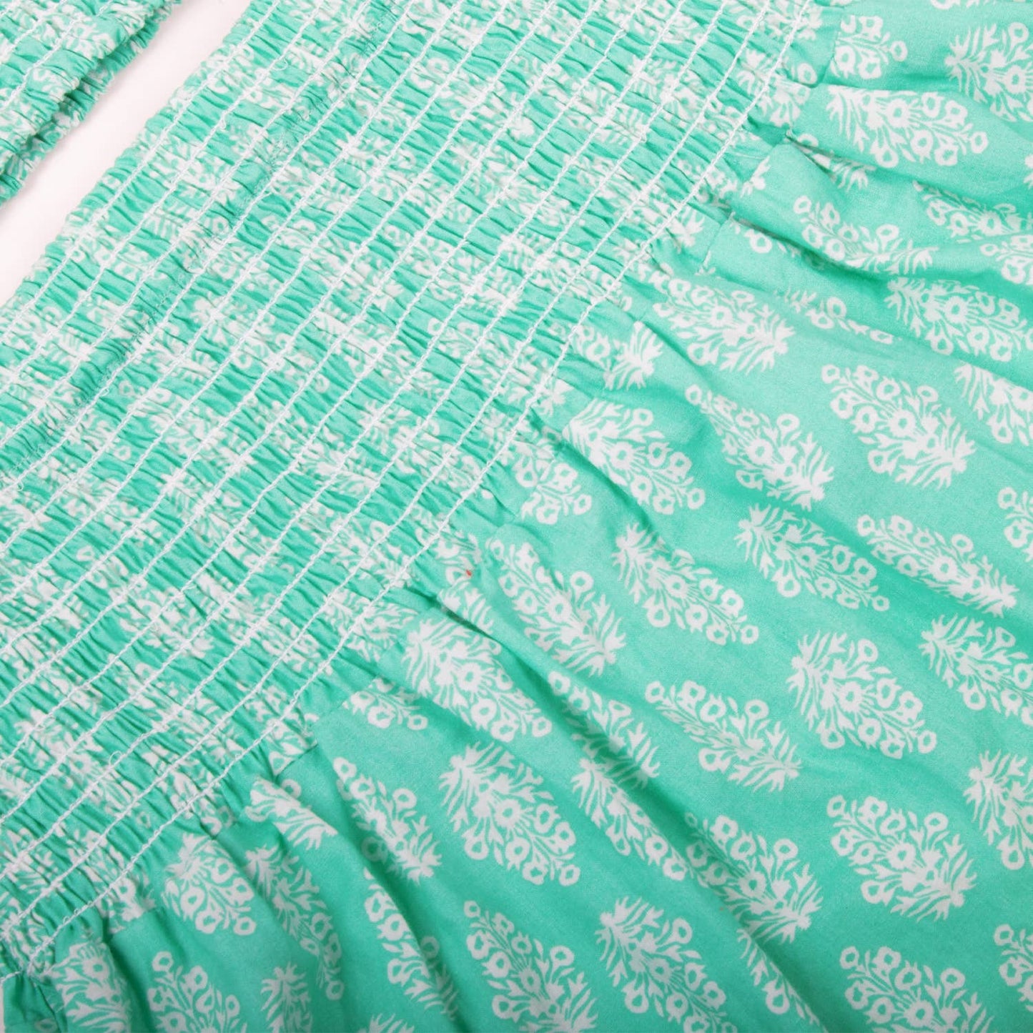 Green Block Print Smocked Tie Top & Skirt Set