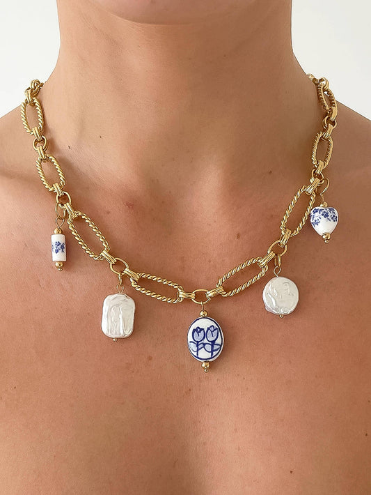 Blue Chinoiserie and Pearl Charm Necklace