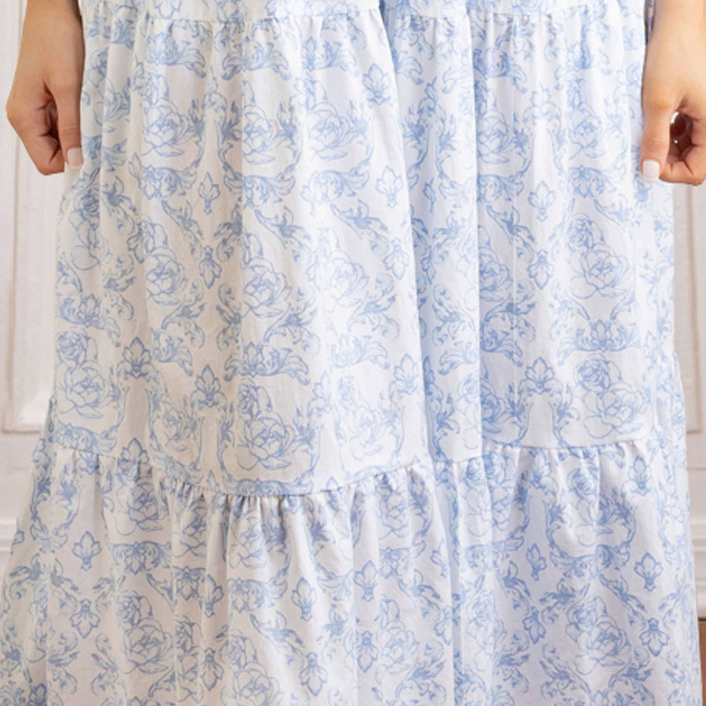 Delicate Blue Rose Smocked Flutter Sleeve Dress