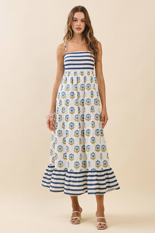 Mia Navy Stripe and Floral Maxi Dress