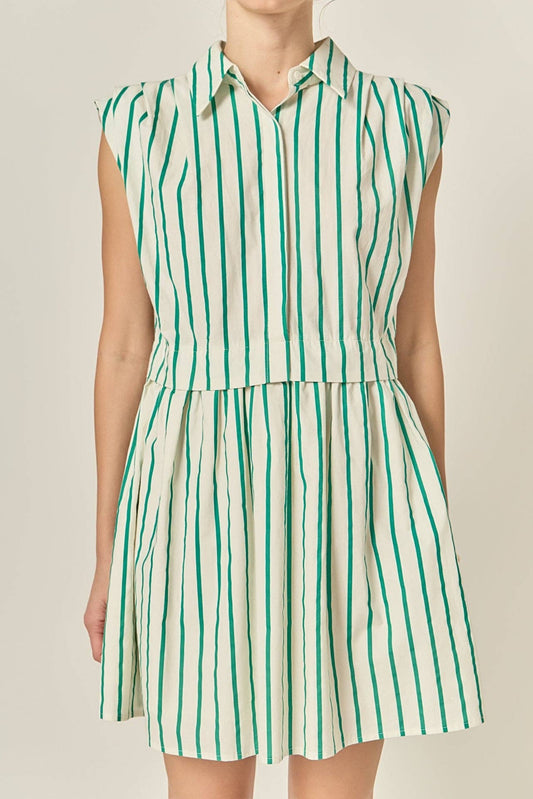 Striped Pleated Shoulder Shirt Mini Dress