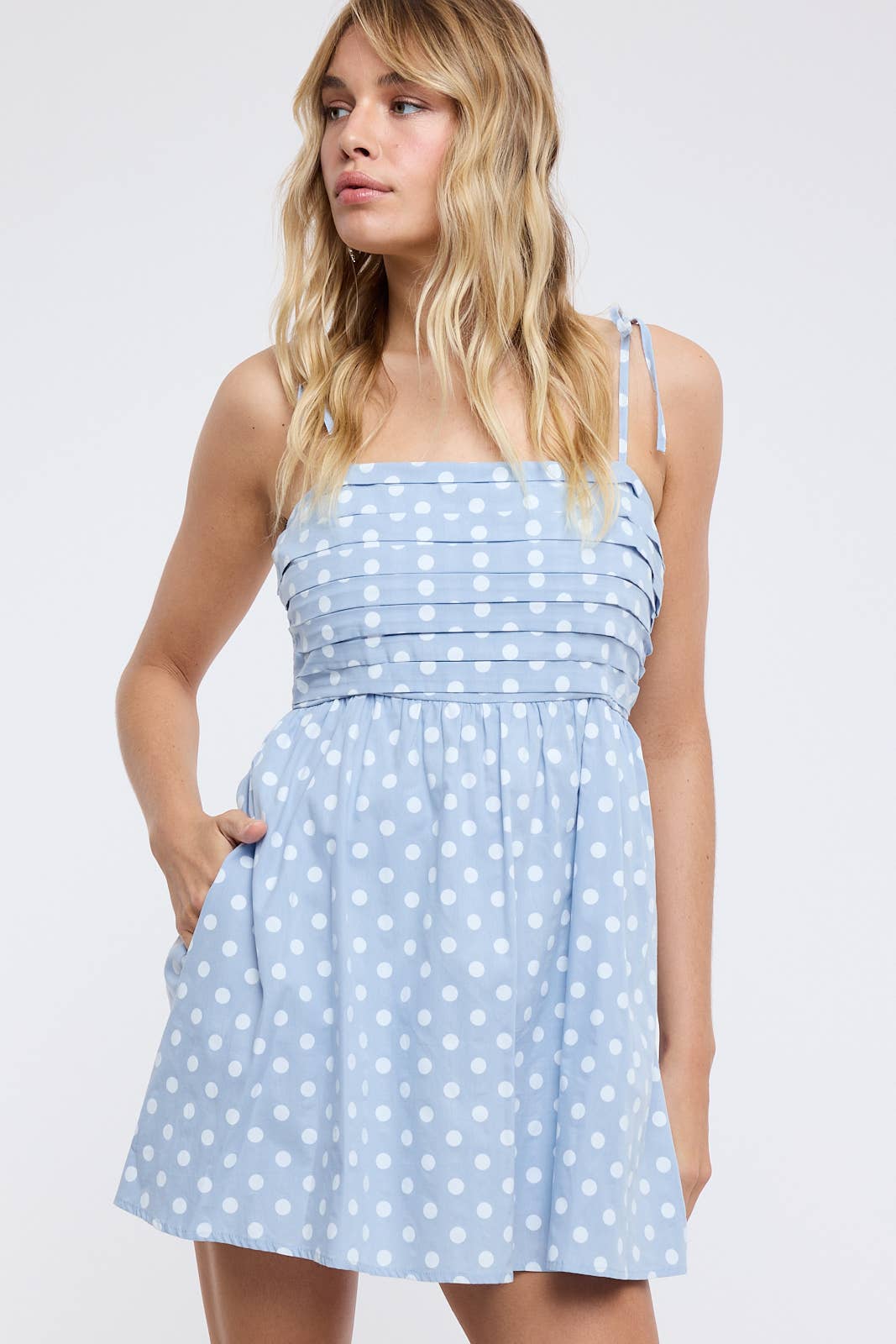 Blue and White Pleated Polka Dot Mini Dress