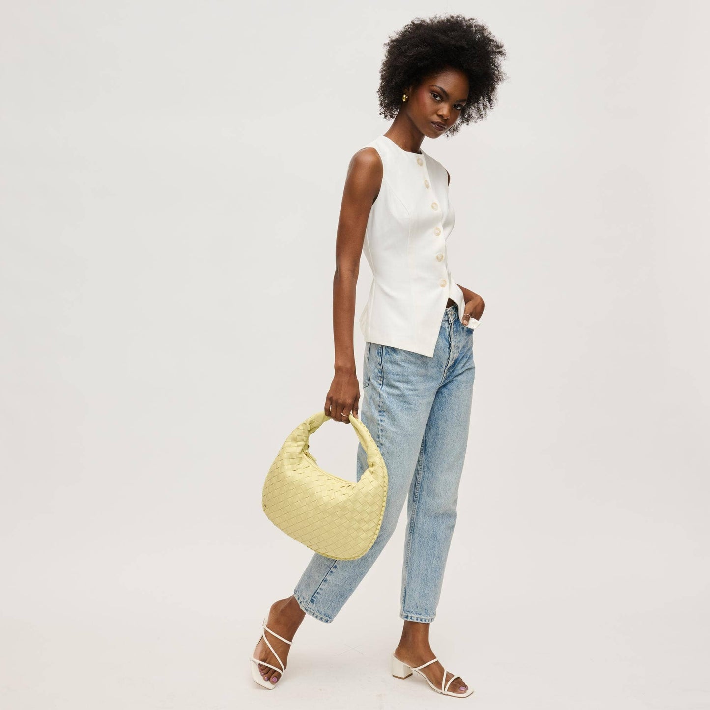 Butter Yellow Woven Vegan Leather Shoulder Bag