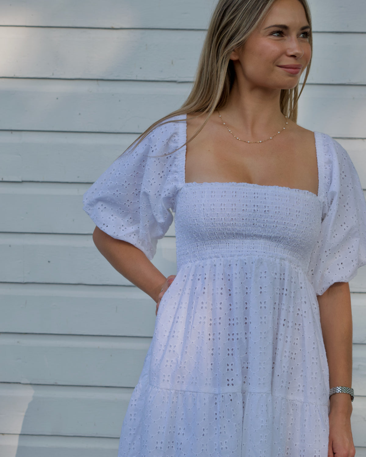 Esmeralda White Eyelet Smocked Dress