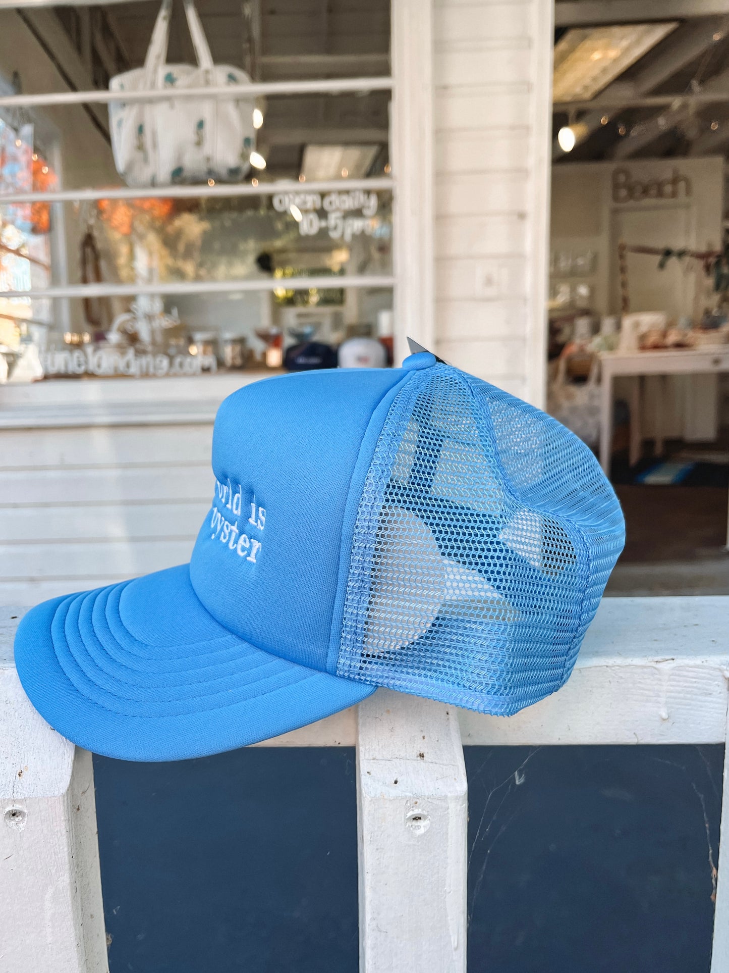 The World Is Your Oyster Blue Foam Trucker