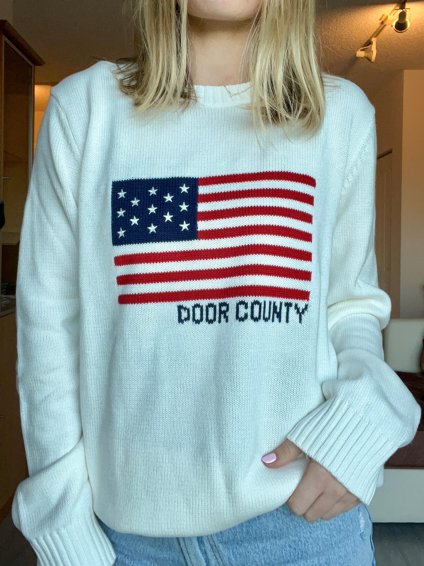 Door County Ivory American Flag Crewneck Sweater