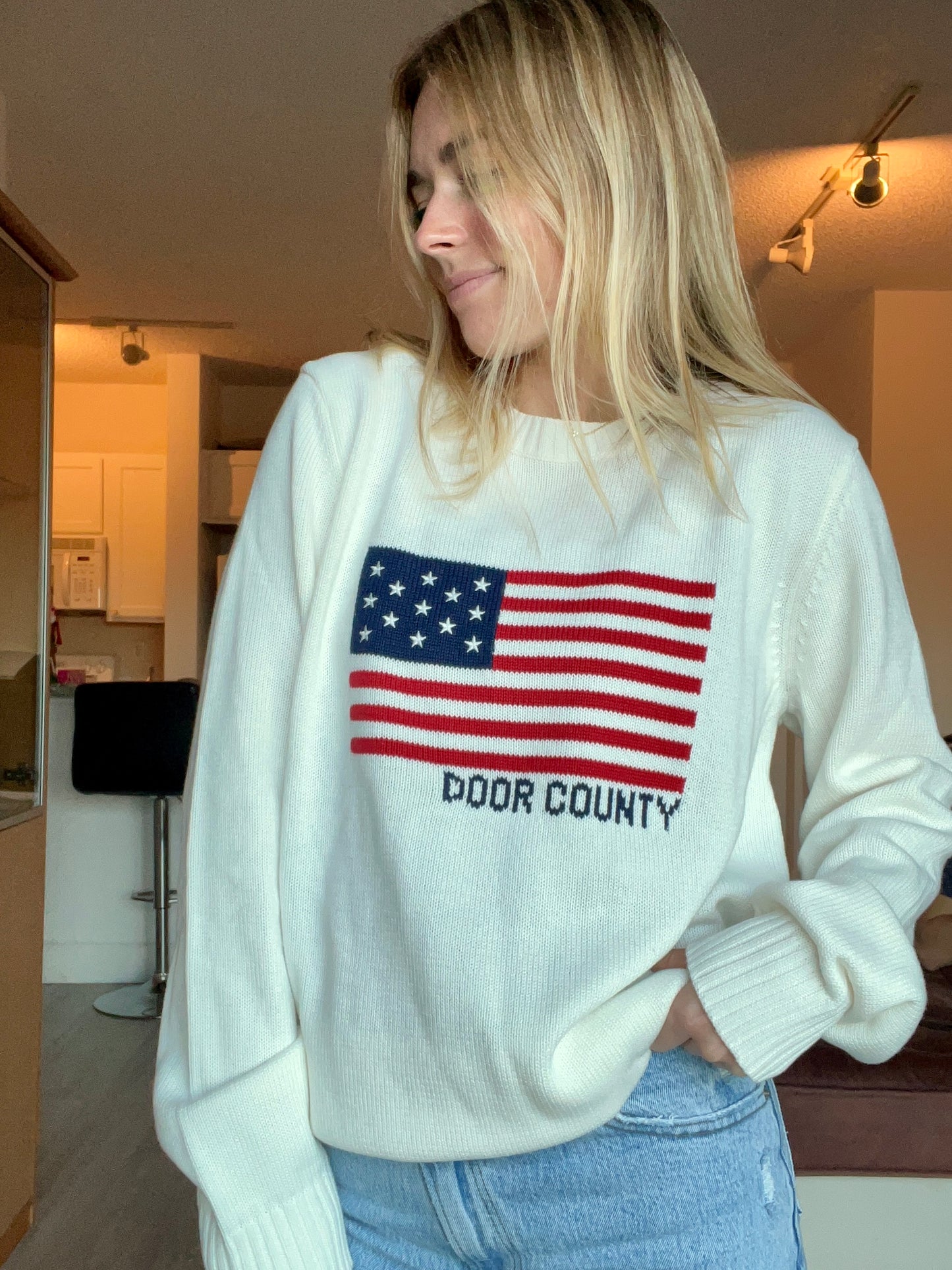 Door County Ivory American Flag Crewneck Sweater