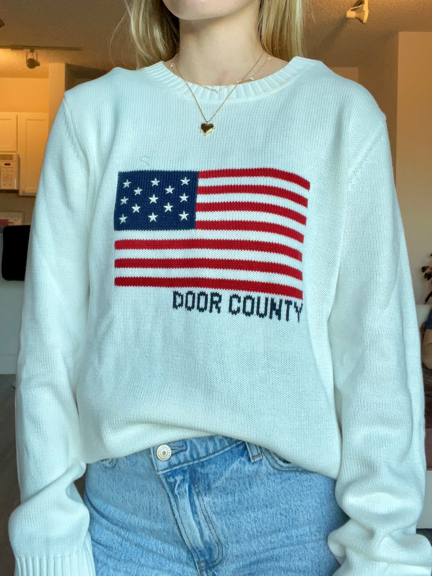 Door County Ivory American Flag Crewneck Sweater