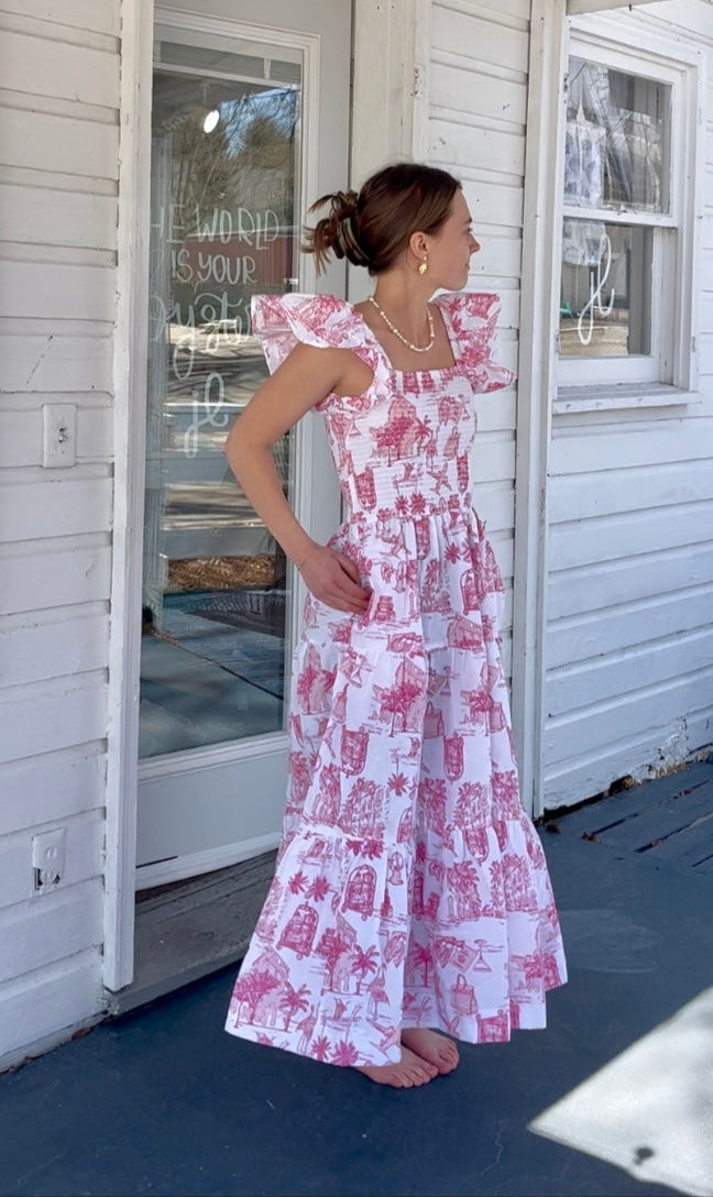 Pink Palm Beach Smocked Flutter Sleeve Dress