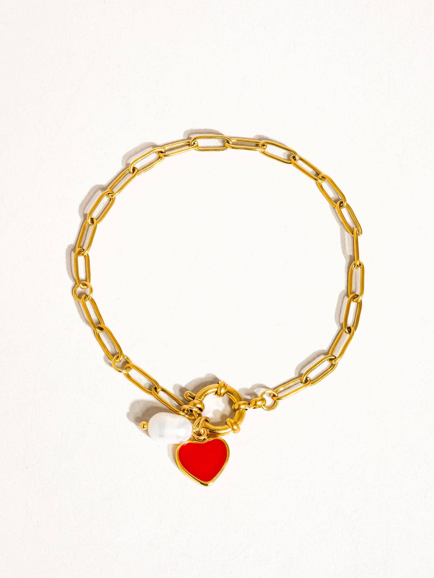 Lovestruck Heart & Pearl Charm Paperclip Link Bracelet