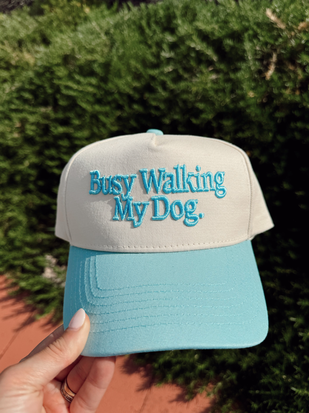 Busy Walking My Dog. Vintage Trucker Hat: Baby Blue